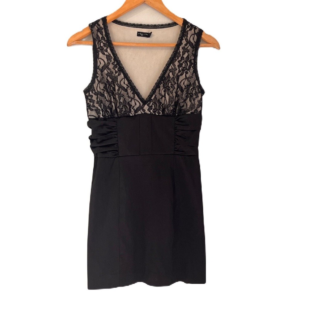 Ruby Rox Black Bodycon Sexy Mini Silk Ruched Skin Tone Lace Top Size 5 or XS